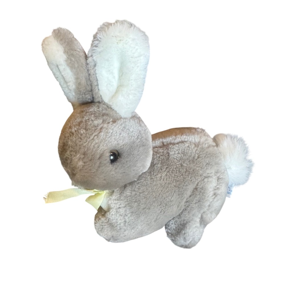 Lemonwood Vintage Gray Plush Bunny Rabbit Stuffed Animal Yellow Bow Korea 7.5"